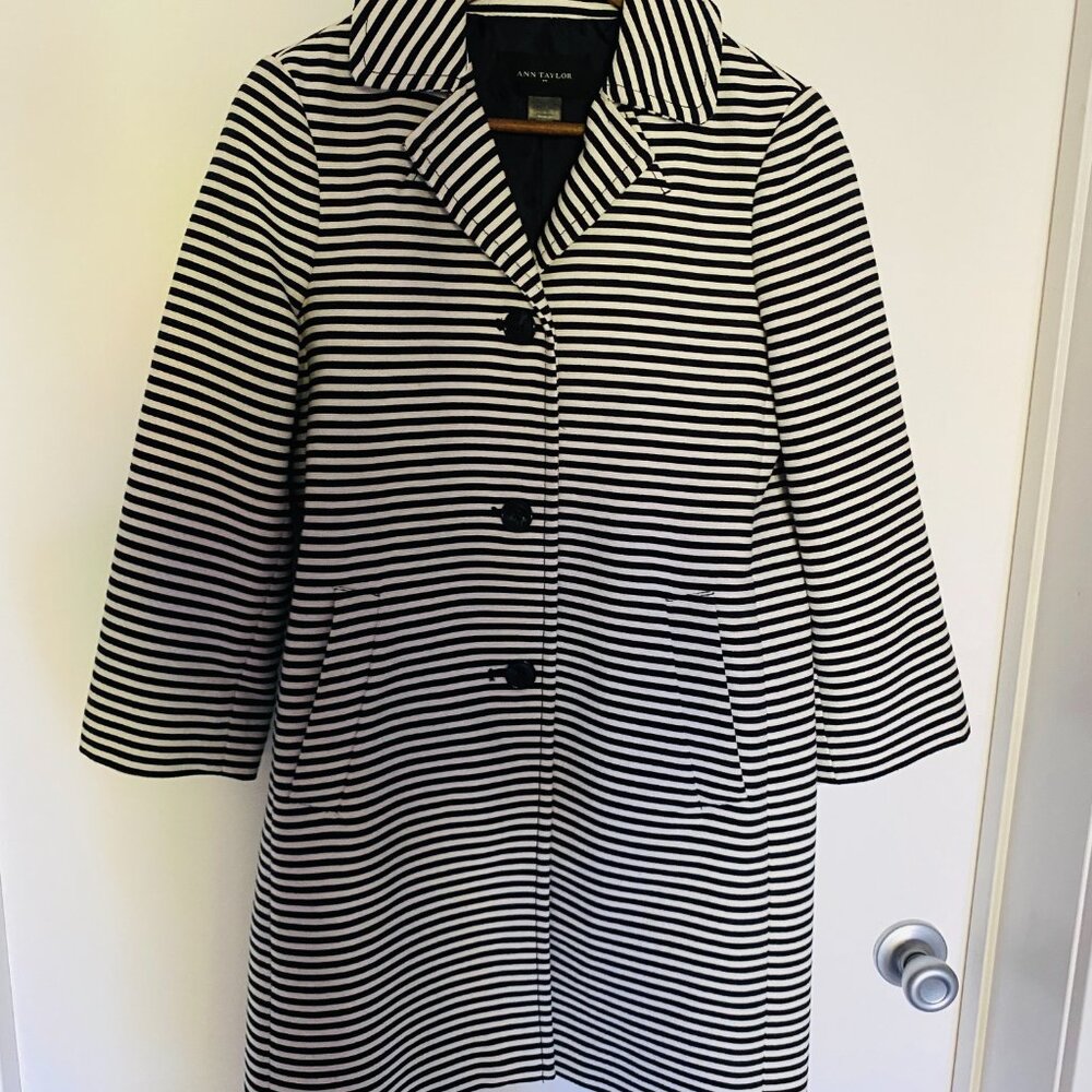 Ann Taylor 3/4 Length Jacket,  Navy and White Striped, Size Small